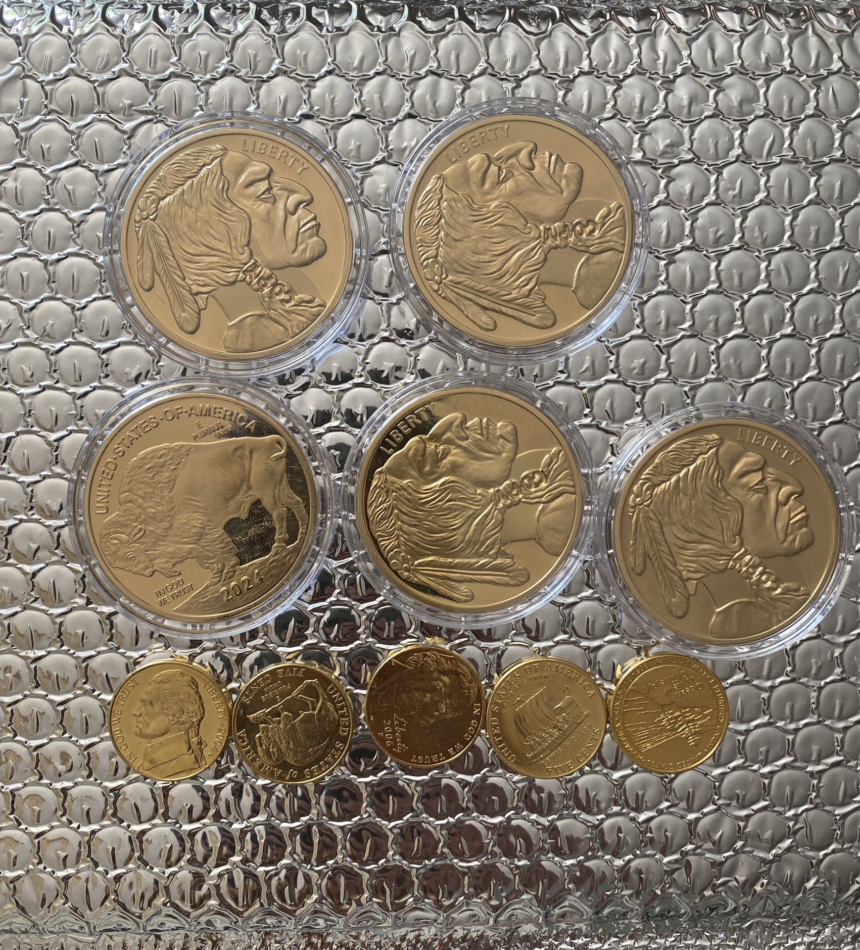 🔥 Bundle🔥2024 $50 Buffalo Tribute Proof Coins – 24KT Gold Layered And Gold Plated Jefferson Nickel Set