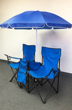 Photo (New in box) $35 Portable Folding Picnic Double Chair w/ Umbrella Table Cooler Beach Camping Chair