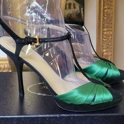 $900 PRADA BLACK SUEDE T STRAP GREEN SILK SLIM HIGH HEEL PLATFORM SANDAL 9.5 WORN 1X