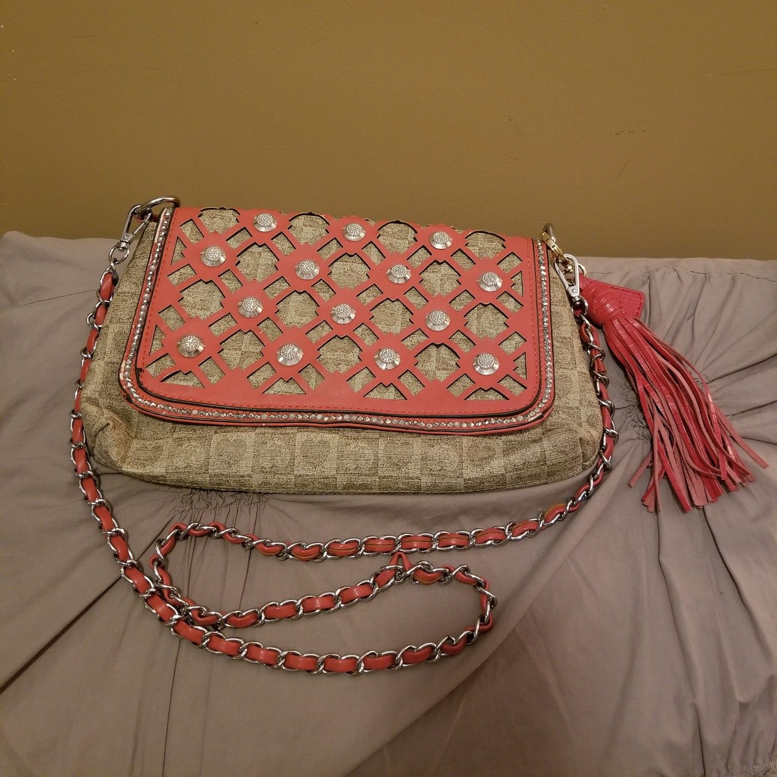 Boutique Coral and Tan Crossbody with studs.