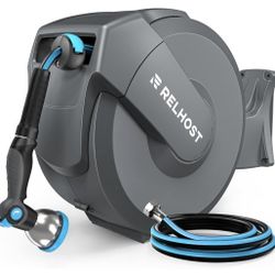 Retractable Garden Hose Reel, 5/8 in x 65 ft Wall Mount Heavy Duty Hose Reel with Any-Length Lock, Auto Rewind System, 180° Swivel Bracket, and 10-Pat