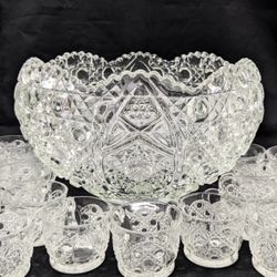 Vintage McKee Rotec or L.E. Smith Daisy & Button Punch Bowl 14 Piece Set Cups & Ladle USA Punch Bowl, 12 Cups & Ladle 