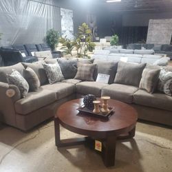 Beautiful Beige L Shape Fabric Sectional With Pillows (New)