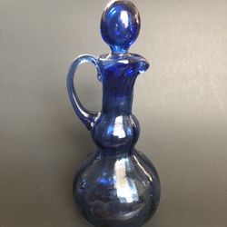 Vintage Cobalt Blue Hand-Blown Glass Bottle Decanter