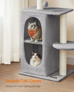 Small Cat Tree Tower with 2 Caves for Multi-Cat Households, Kittens, Scratching Posts, Light Gray UPCT005G01