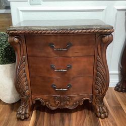 Ornate Wood Nightstand w/ Marble Top 3 Drawer End Table Solid