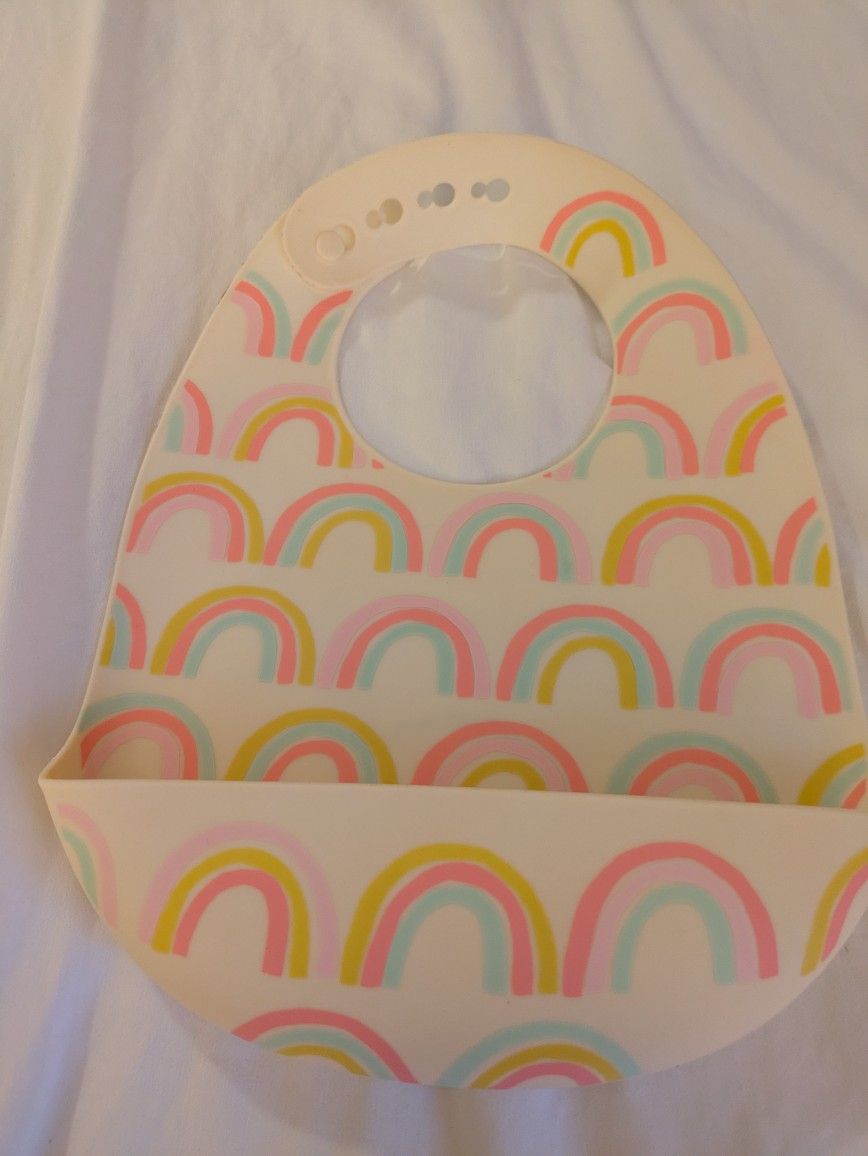 Rainbow Print Baby Silicone Bib With Pocket