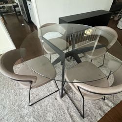 47” Round Glass Dining Table With Black Wood Base + 4 Modern Greige Chairs