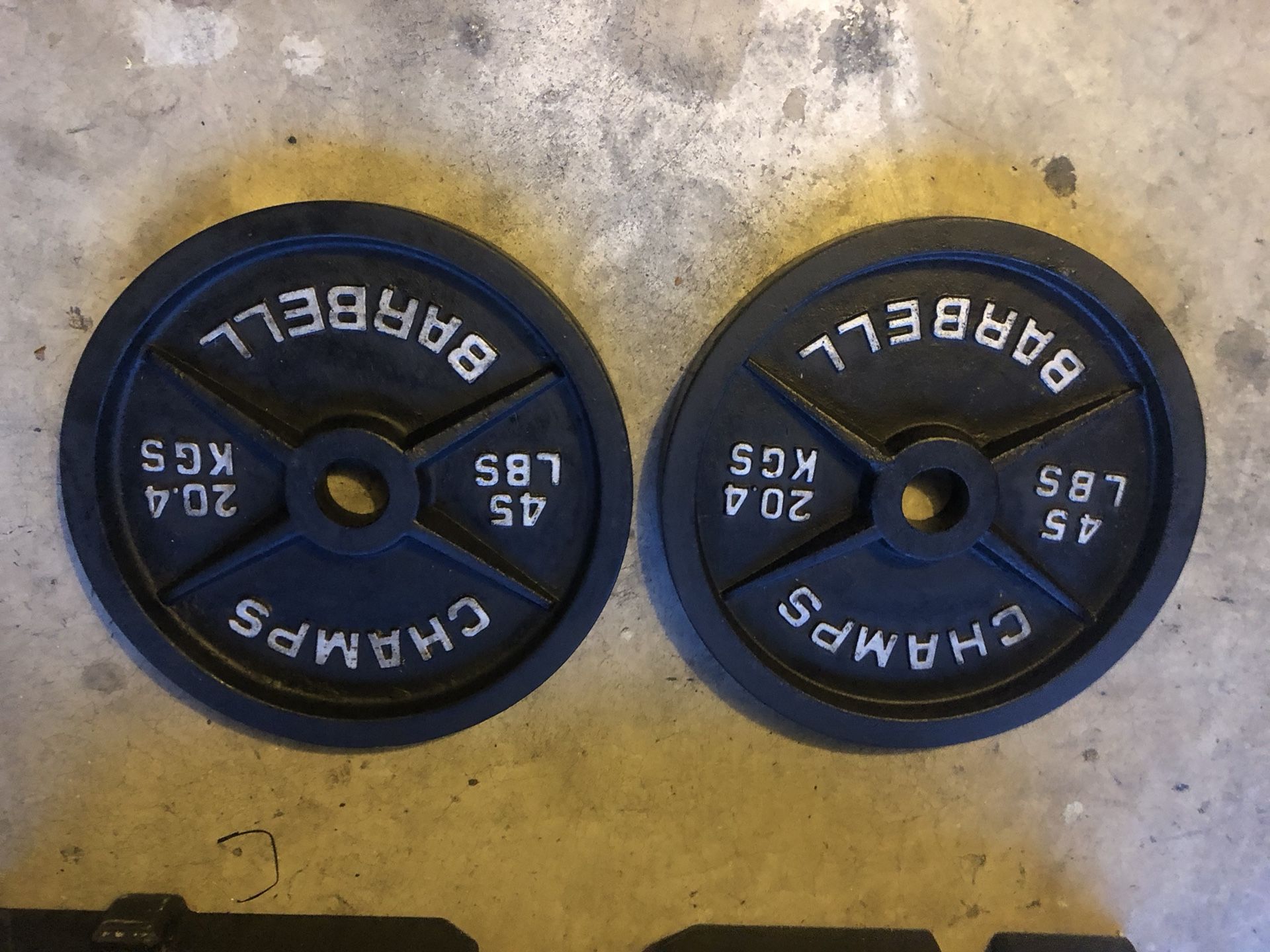 Two 45 Lbs Champs Barbell Plates Weights Lifting Weight Exercise
