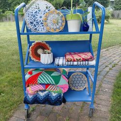 Vintage 60s large industrial metal 3 shelf rolling cart bookshelf - 4ft.