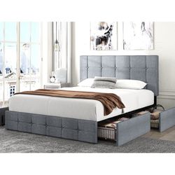 Queen Size Platform Bed Frame with Headboard and 4 Storage Drawers, Button Tufted Style, Light Grey, Mattress Not Included