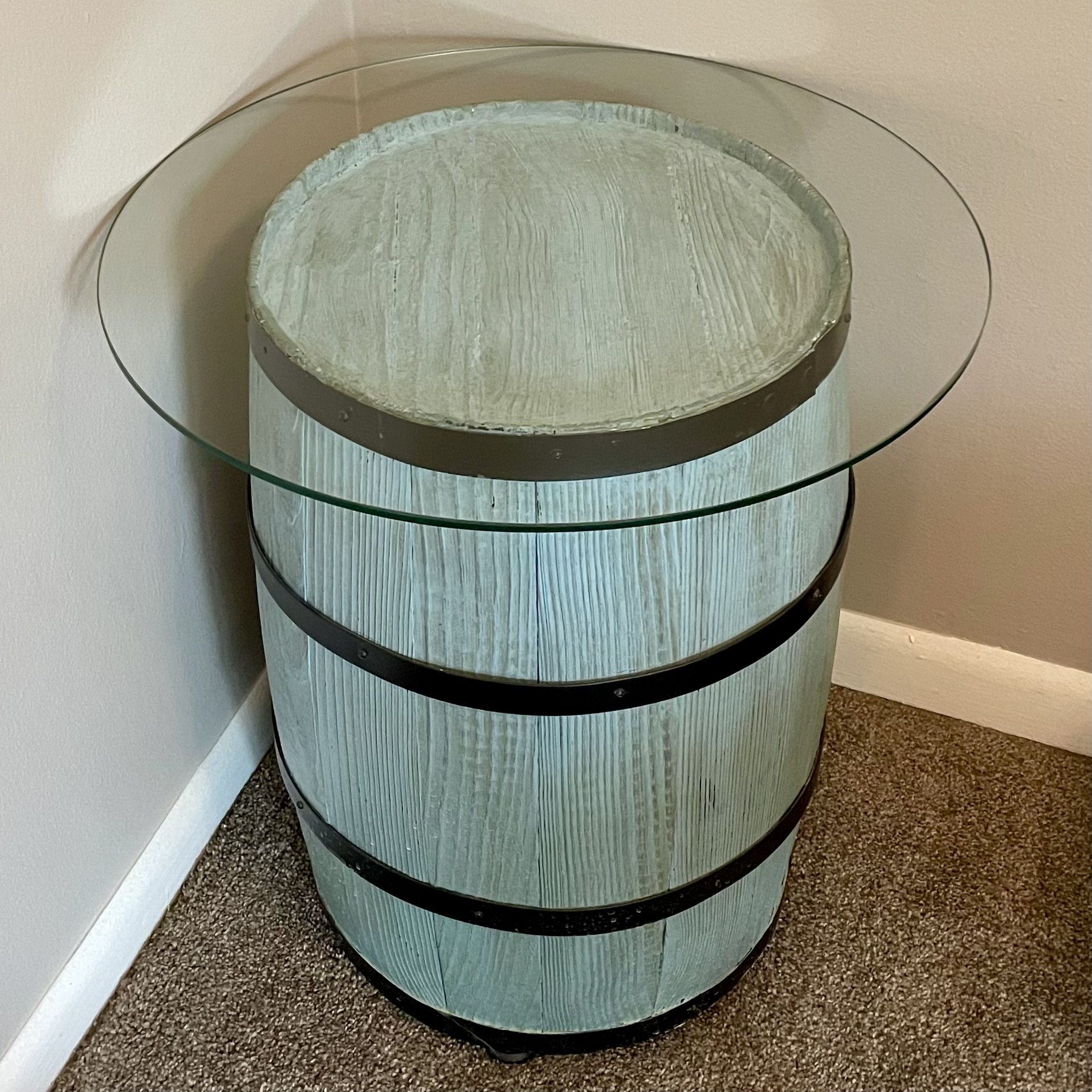 Blue-Barrel Circular Glass-Top Table