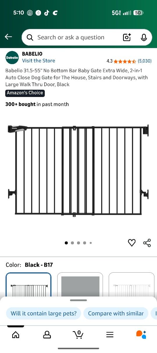Babelio 31.5-55" No Bottom Bar Baby Gate Extra Wide, 2-in-1 Auto Close Dog Gate for The House, Stairs and Doorways, with Large Walk Thru Door, Black