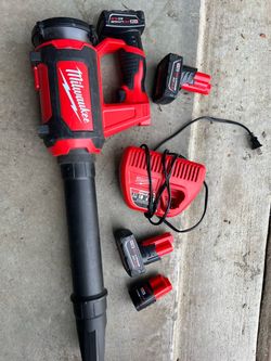 M12 Milwaukee Blower with extension and charger and 3 batteries.