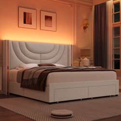 Queen Size Velvet Wingback Upholstered LED Light 2 Drawer Storage Bed
