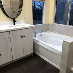 kitchen cabinets and bathroom 