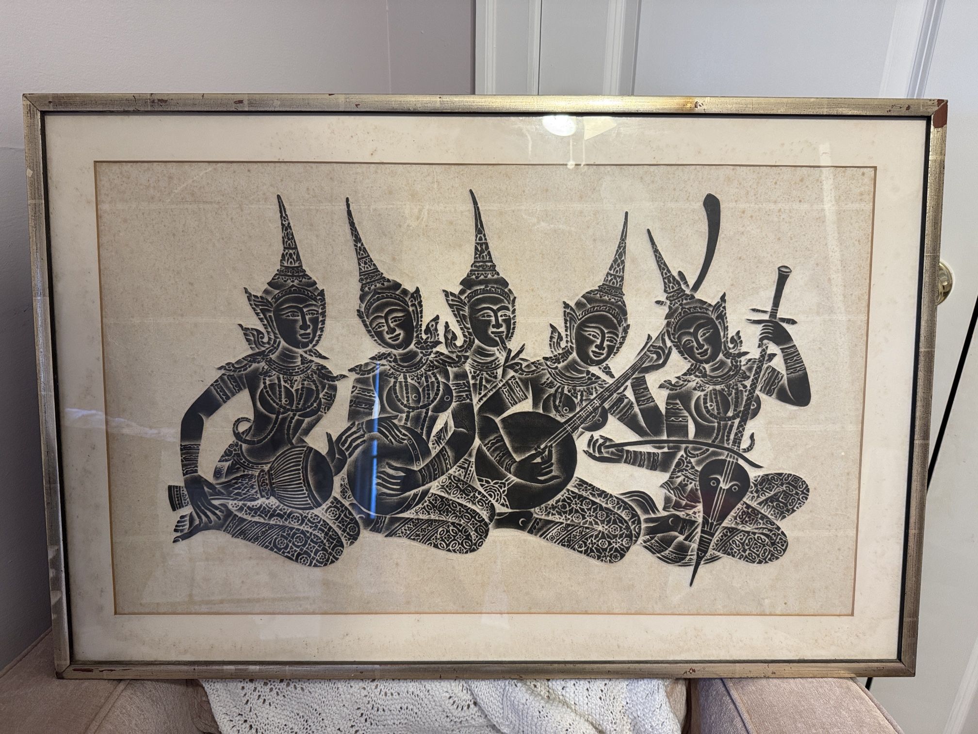 Framed Thai Temple Rubbing on Rice Paper – Large Asian Wall Art