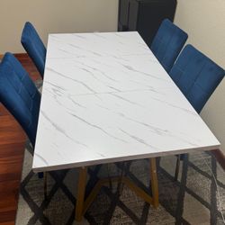 55” Modern Rectangular Dining Table and Velvet High Back Chairs .