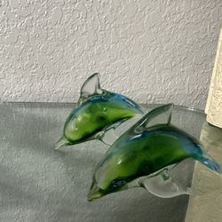 Vintage Art Mid-century Pair Of Dolphins Glass Paperweight 