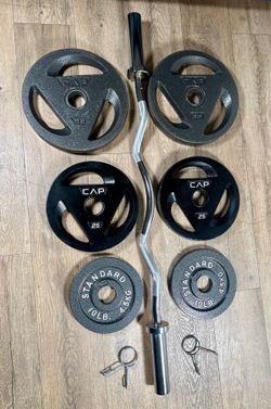 Olympic Equipment: Silver Curl Bar With Cooper Bearings & Weight Plates Pairs Of  35s, 25s And 10 Pounds   (Total: 160 lbs)