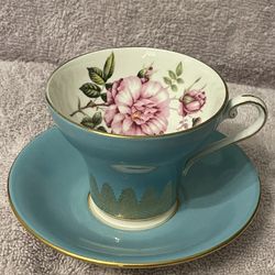 Aynsley Fine English Bone China Corset Teacup & Saucer-England-Blue & Gold w/Rose-GREAT CONDITION 