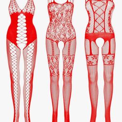 Red 3 Packs Women Fishnet Bodysuits, Stockings Sleepwear Lingerie for Couple Dating Nightwear