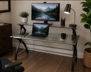 Modern Two-Tier Glass Desk w/ Curved Wood and Metal Frame