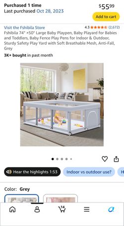 Fshibila Large Baby Playpen 74” × 50” – Grey
