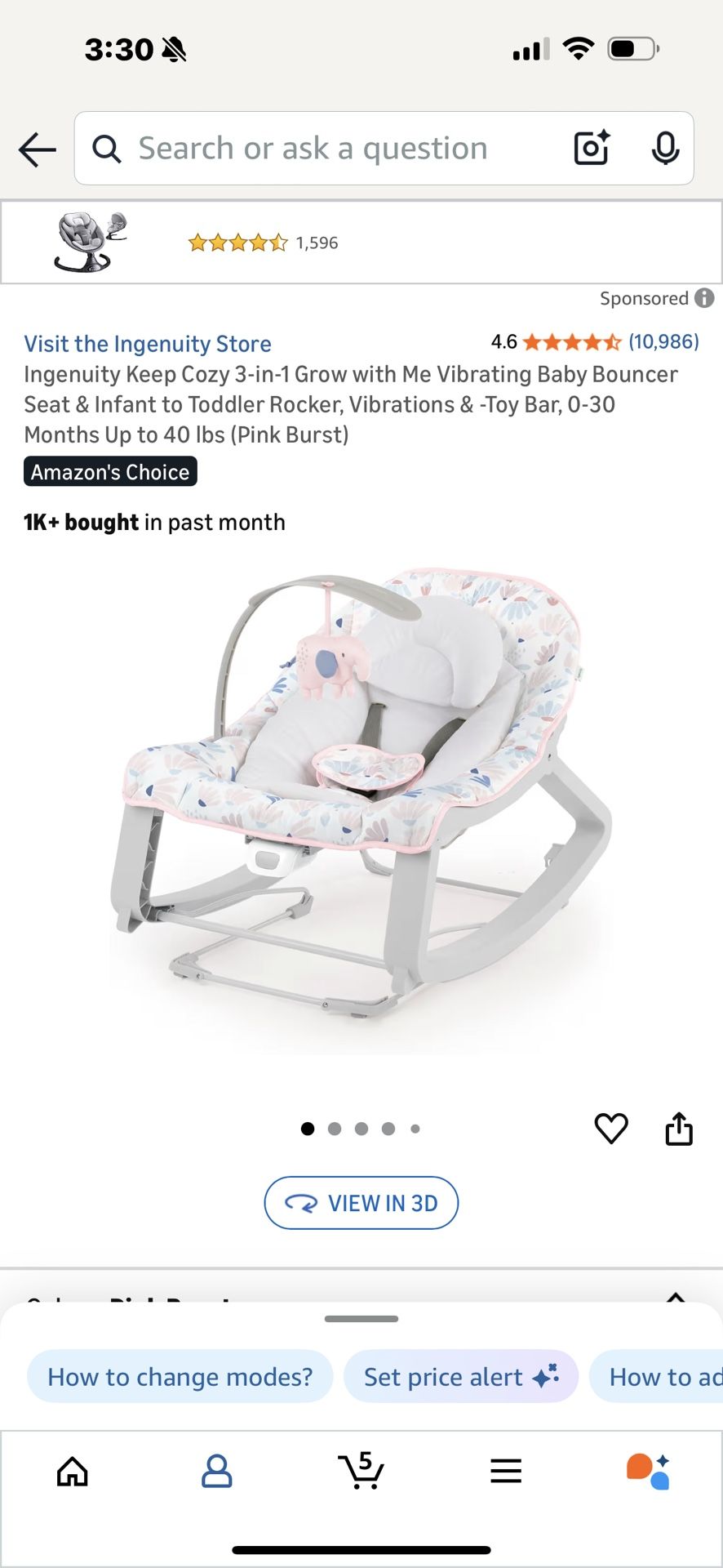 Ingenuity Keep Cozy 3-in-1 Grow with Me Vibrating Baby Bouncer Seat & Infant to Toddler Rocker, Vibrations & -Toy Bar, 0-30 Months Up to 40 lbs (Pink