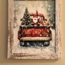 Christmas Gnome Santa Hat Red Truck Christmas Tree print picture in Rustic Frame Farmhouse Vintage - Holiday Decor 