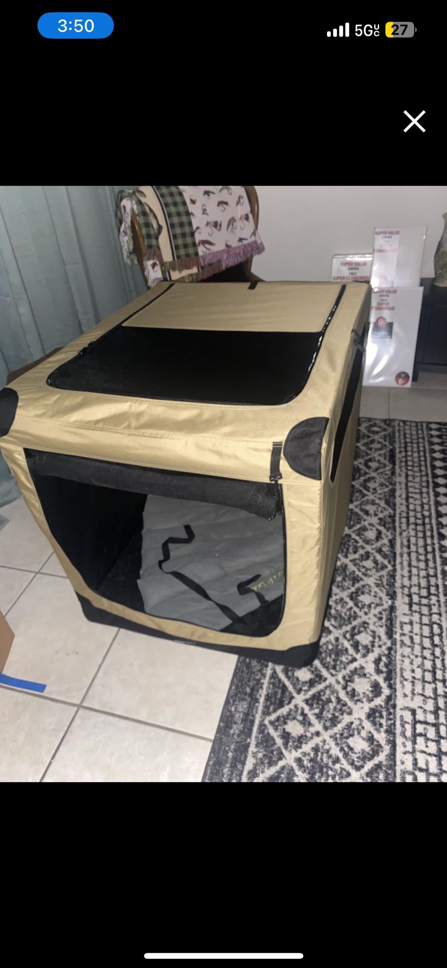 Amazon Basics Folding Soft Crate for Cat, Dog, Rabbit, Portable and Collapsible, 36 Inch, Tan, L 36" x 24" x 24"
