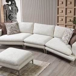 Dylan Ivory Linen 3-Piece Curved 126" Sectional with Ottoman