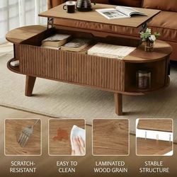 😀 Oval Lift Top Coffee Table with Storage, 41.2" Mid Century Modern Living Room Center Table with 180° Sliding Tambour Door, Wood Fluted Coffee Table