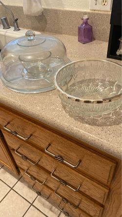 Heavy glass serving dishes plus candle holders