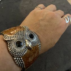 Owl Bracelet Cuff Clamper Jewelry Boho Statement Jewelry  Brown Silver Jewelry 