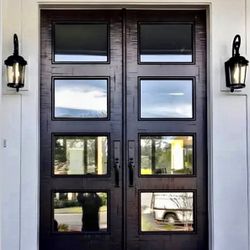 Custom Made Modern Styles Double swing Main Entry Iron Doors With Tempered Glass & Custom Paint 