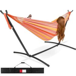 Hammock with Steel Stand, Indoor Outdoor Brazilian-Style Cotton Bed in Sunset Coral Color