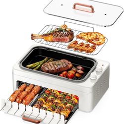 4-in-1 Electric Indoor Grill Smokeless for Home,Countertop Electric Grill with Removable Sizzle Grill Pan & Grate + Auto Rotating Kabob Skewers + Elec