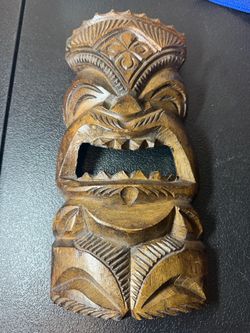 Carved Wooden Tiki Mask Wall Decor Tropical Bar Island Style Brown