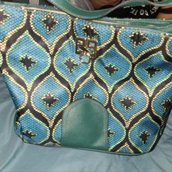 Shop LC Teal Ogee Pattern Nylon Faux Leather Convertible Tote Bag  - Blue - 11.50 X 5.50 X 9.80
