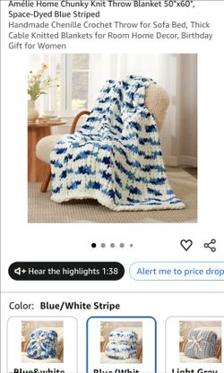 Amélie Home Chunky Knit Throw Blanket 50"x60" Space-Dyed Blue Striped
Handmade Chenille Crochet Throw for Sofa Bed, Thick Cable Knitted Blankets for R