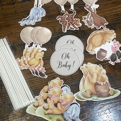 Winnie Cake Topper with Cupcake Toppers for Baby Shower Decorations for Girls 24Pcs Winnie Cake Cupcake Decorations Birthday Party Supplies