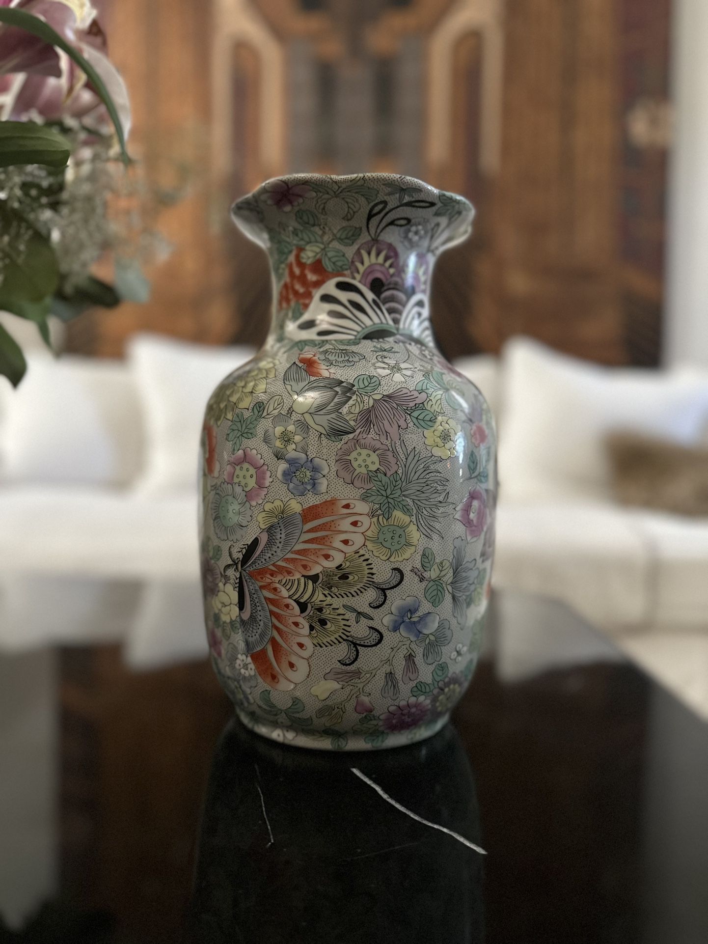 Antique Vintage Butterfly Floral Vase