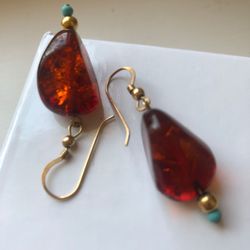Gold filled Turquoise and Baltic Amber Earrings