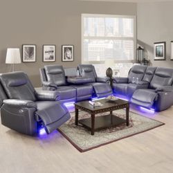 Power Electric Gray Leather Fully Reclining Three Piece Couch Set