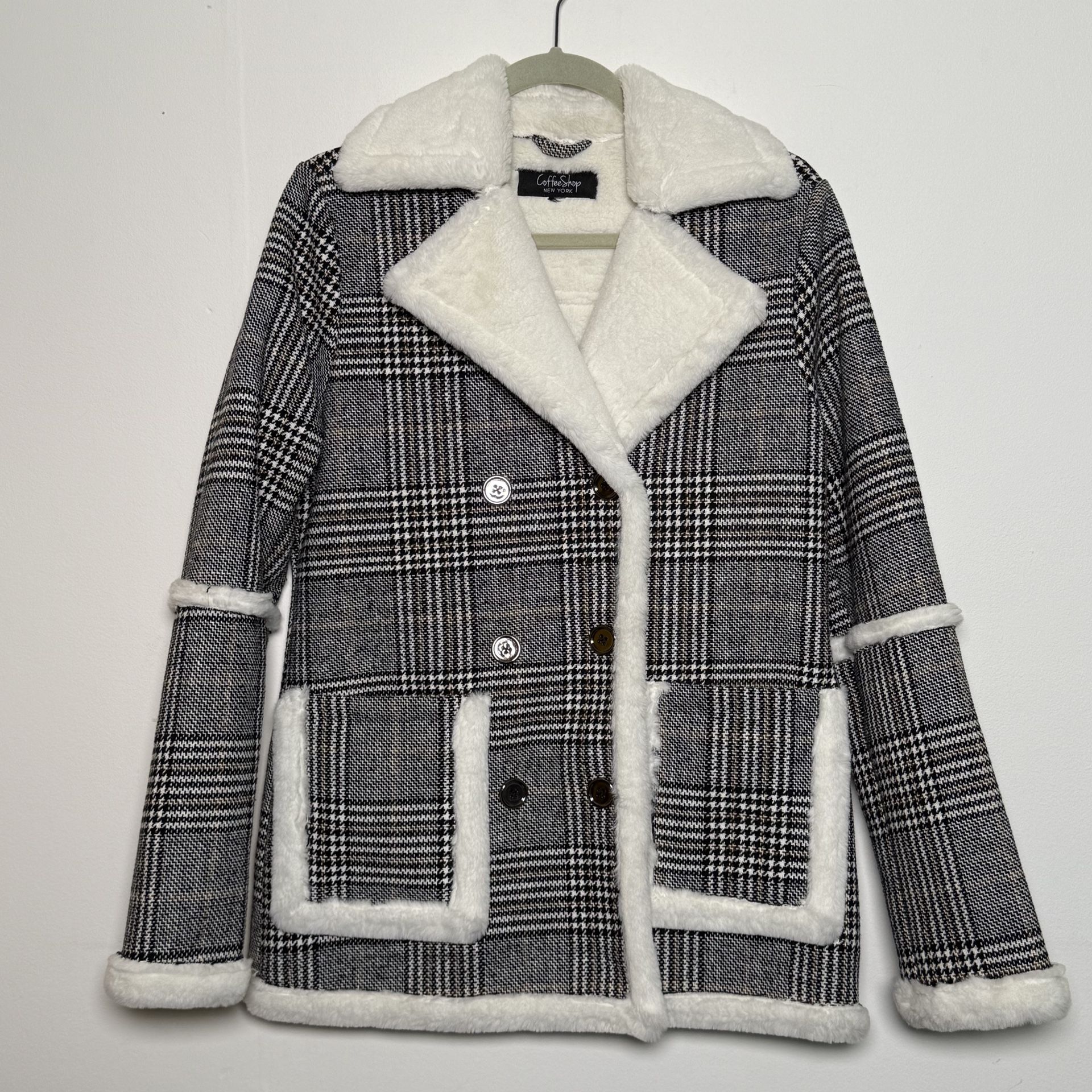 CoffeeShop double breasted coat white faux fur lined throughout