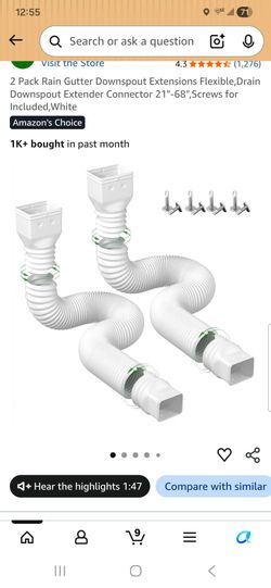 2 Pack Rain Gutter Downspout Extensions Flexible,Drain Downspout Extender Connector 21"-68",Screws for Included,White