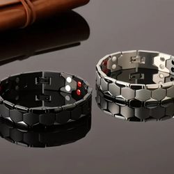 2-Pcs Stylish & Durable Men's Hexagonal Wide Titanium Magnetic Black & Silver Bracelet
