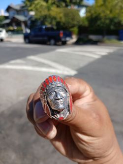 a Native American Indian Chief Red Coral Biker 925 Sterling Silver Ring