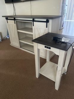 Barn door entertainment center + side table